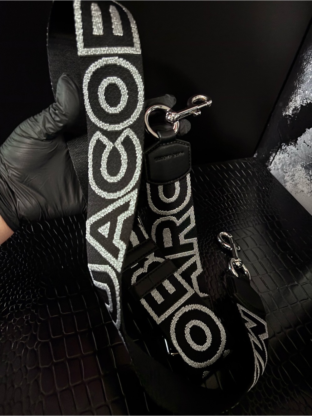 Marc Jacobs Black and Silver Logo Webbing Strap